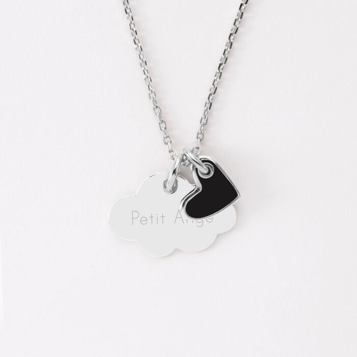 Pendentif enfant personnalisé médaille gravée argent nuage 20x14 mm et breloque coeur email 10 mm