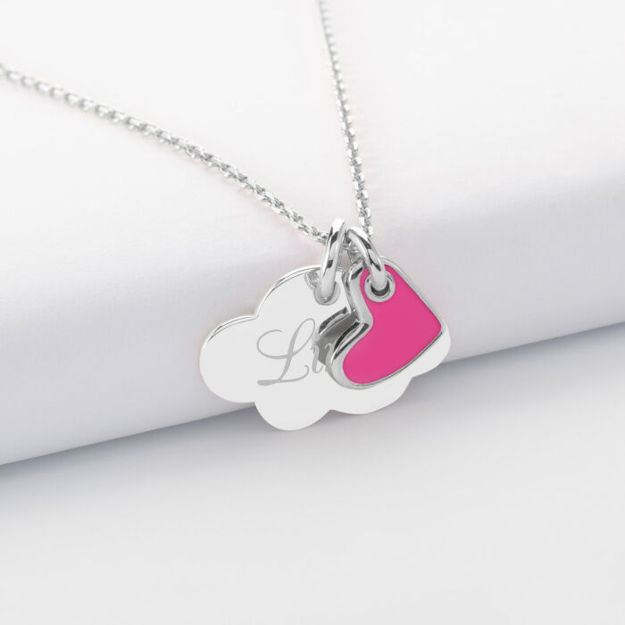 Children's Silver Engraved Personalised Cloud Pendant with White Enamel Heart Charm