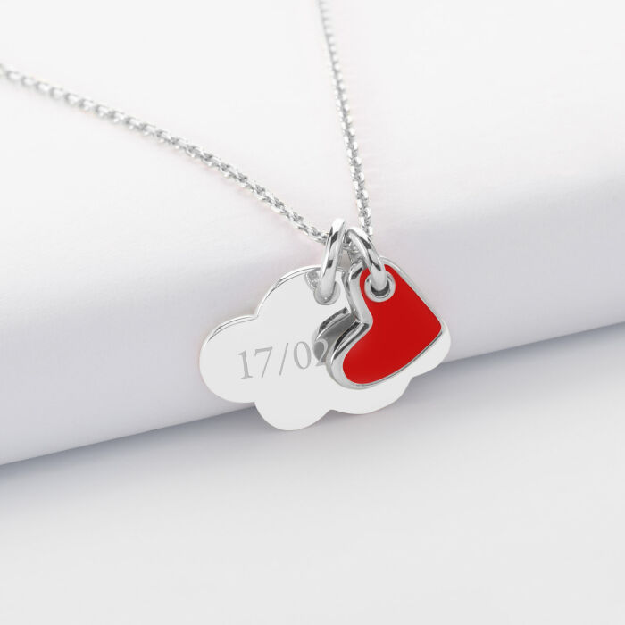 Pendentif enfant personnalisé médaille gravée argent nuage 20x14 mm et breloque coeur email 10 mm