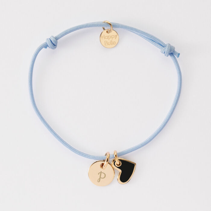 Bracelet personnalisé médaille gravée plaqué or 10 mm et breloque coeur email 10 mm