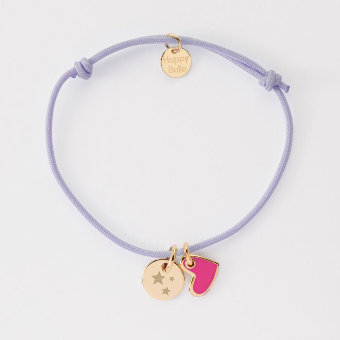 Bracelet personnalisé médaille gravée plaqué or 10 mm et breloque coeur email 10 mm