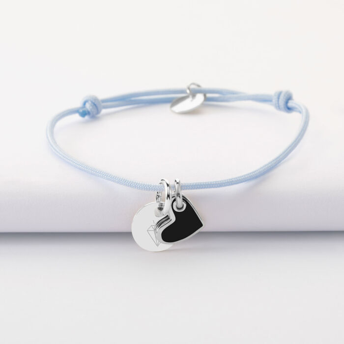 Personalised Bracelet with Silver Engraved Pendant 10 mm and White Enamel Heart Charm