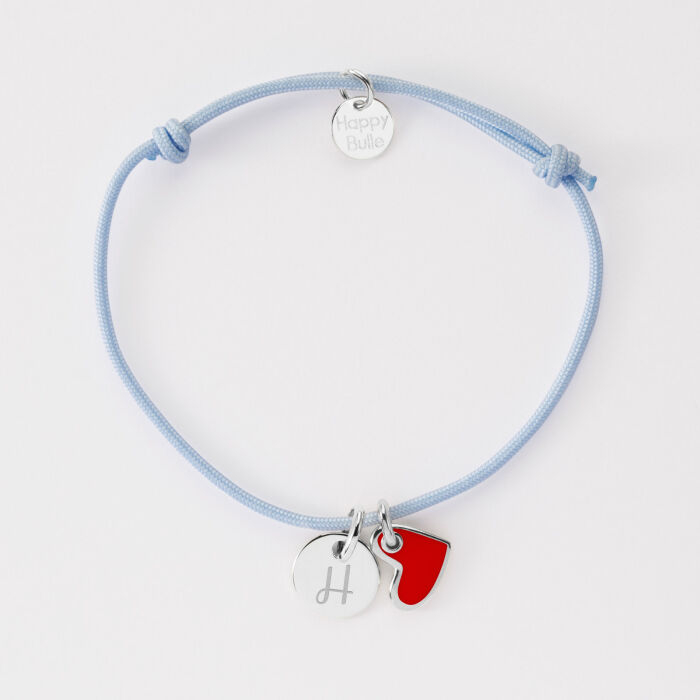 Bracelet personnalisé médaille gravée argent 10 mm et breloque coeur email blanc 10 mm