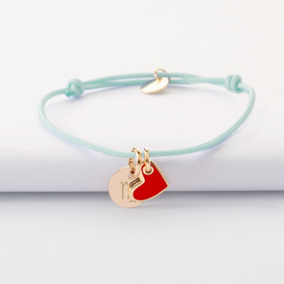 Bracelet enfant personnalisé médaille gravée plaqué or 10 mm et breloque coeur email 10 mm