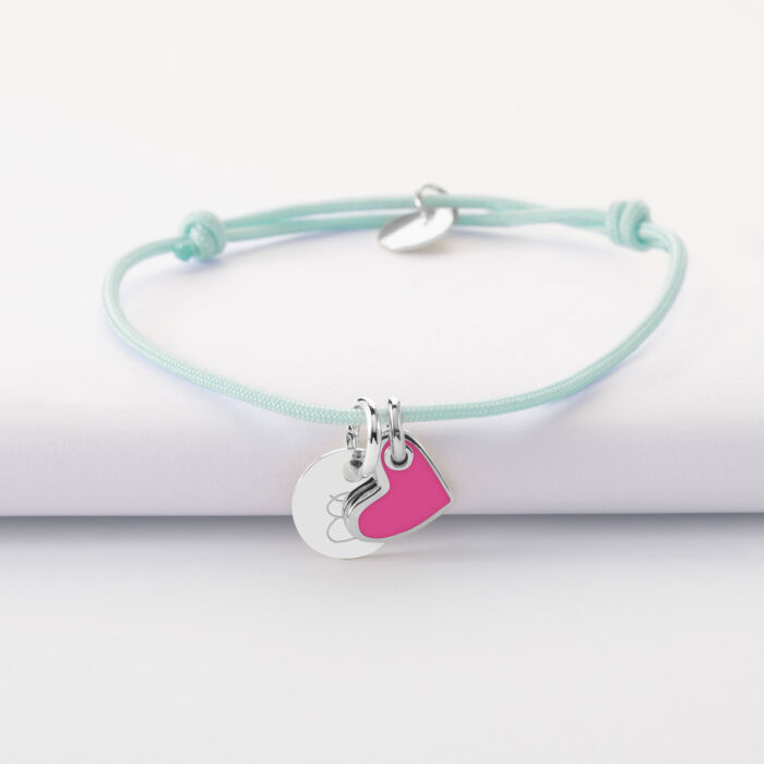 Children's Personalised Bracelet with Silver Engraved Pendant 10 mm and White Enamel Heart Charm