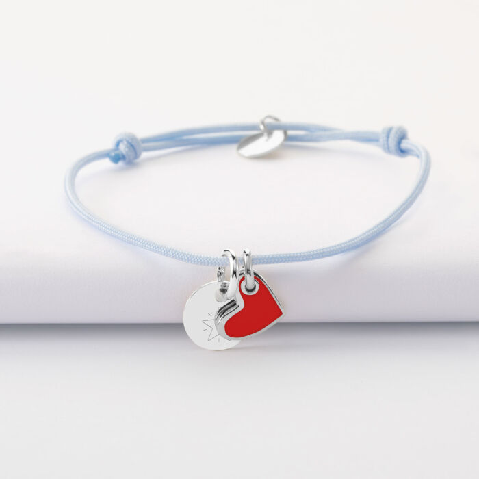 Bracelet enfant personnalisé médaille gravée argent 10 mm et breloque coeur email 10 mm