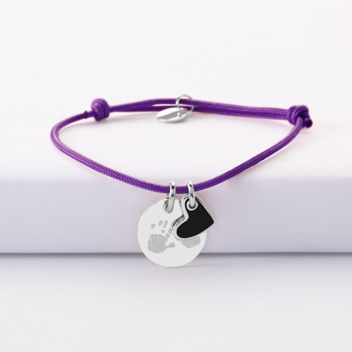 Bracelet personnalisé médaille gravée argent 15 mm et breloque coeur email 10 mm