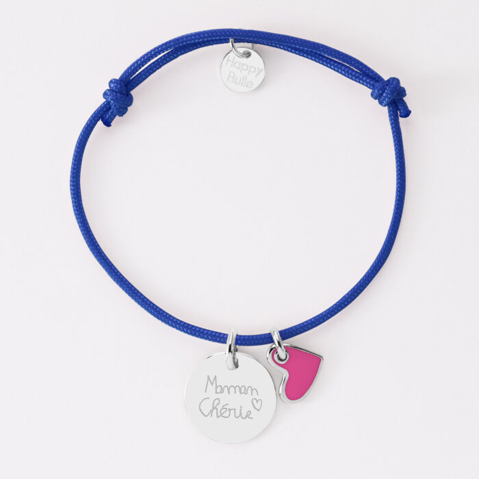 Bracelet personnalisé médaille gravée argent 15 mm et breloque coeur email 10 mm