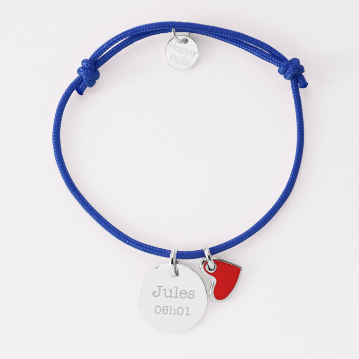 Bracelet personnalisé médaille gravée argent 15 mm et breloque coeur email 10 mm