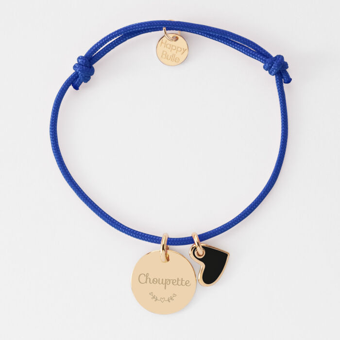 Bracelet enfant personnalisé médaille gravée plaqué or 15 mm et breloque coeur email 10 mm