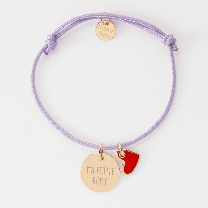 Bracelet enfant personnalisé médaille gravée plaqué or 15 mm et breloque coeur email 10 mm