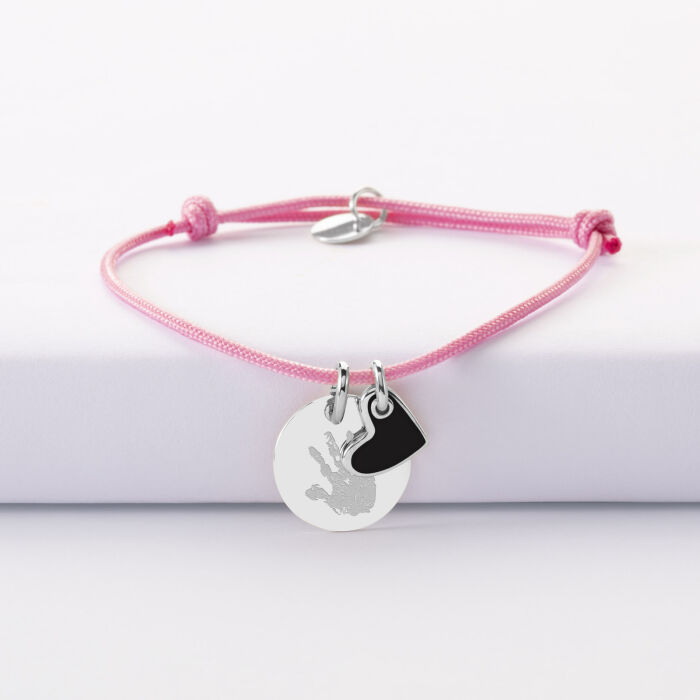 Bracelet enfant personnalisé médaille gravée argent 15 mm et breloque coeur email 10 mm