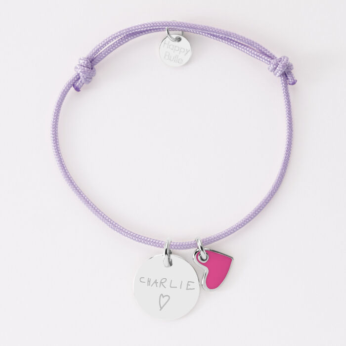 Bracelet enfant personnalisé médaille gravée argent 15 mm et breloque coeur email 10 mm