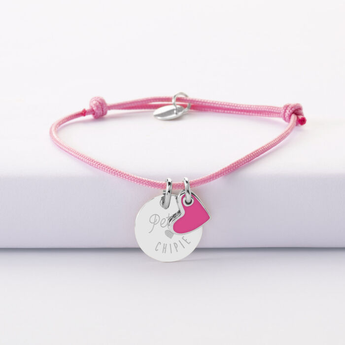 Bracelet enfant personnalisé médaille gravée argent 15 mm et breloque coeur email 10 mm