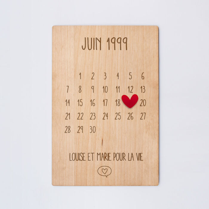 Cadre calendrier personnalisé bois gravé 15x10 cm avec support