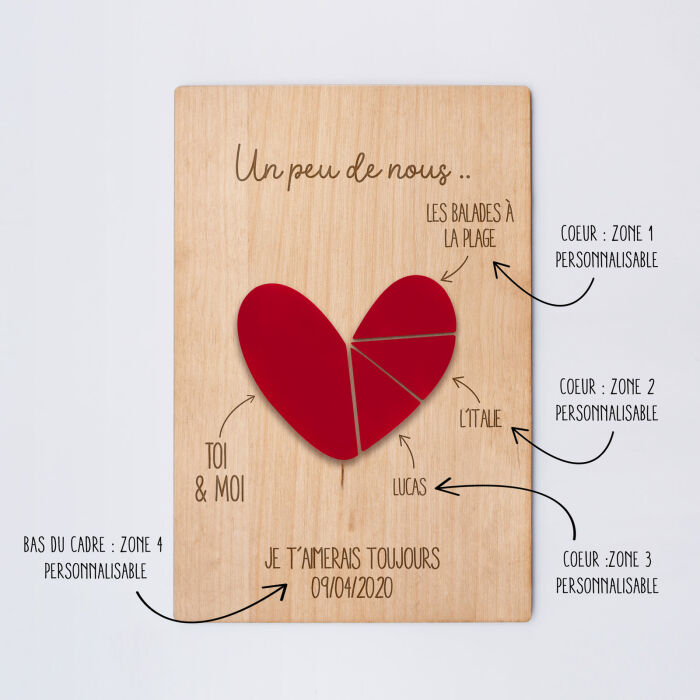 Cadre personnalisé bois gravé 15x10 cm avec support - édition spéciale "Un peu de nous"