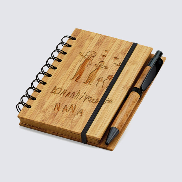 Carnet bambou personnalisé 11,5x15 cm et stylo gravé - dessin