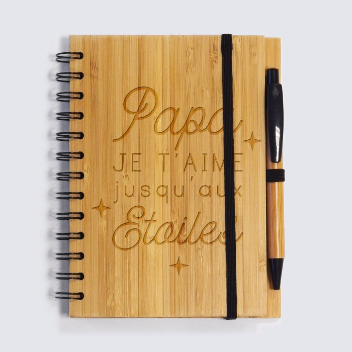 Personalised bamboo notebook 11.5x15cm and engraved pen - illustration