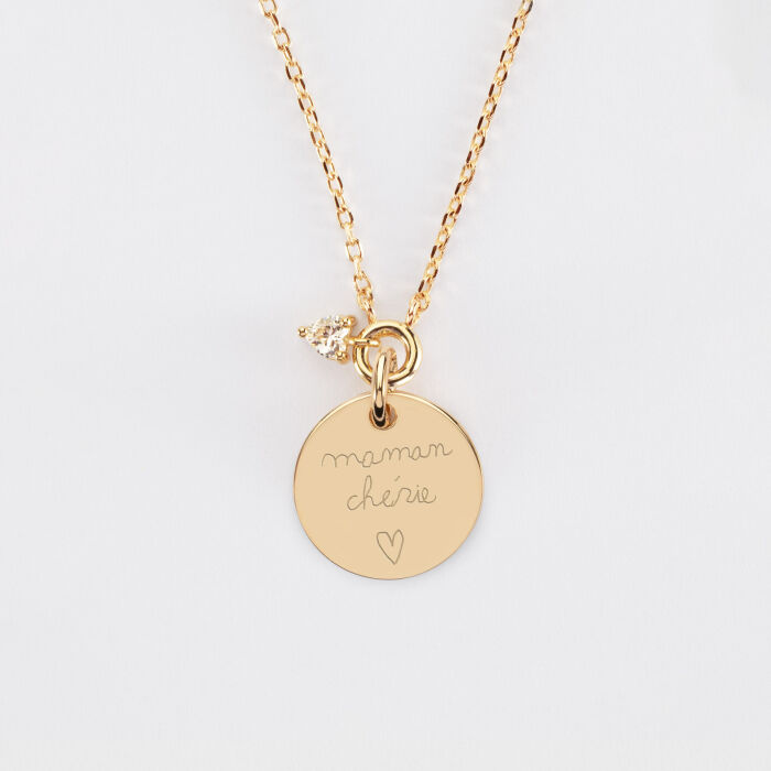 Collier mini coeur scintillant personnalisé médaille plaqué or 15 mm