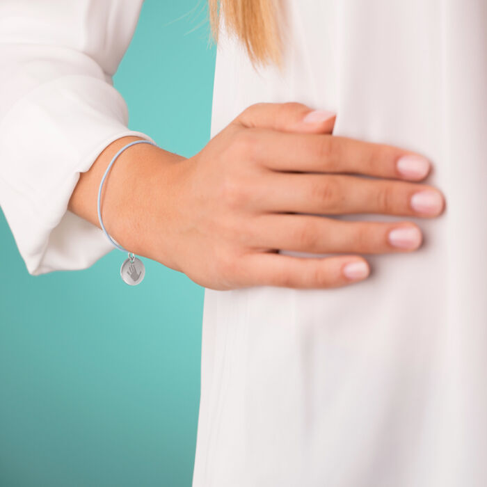 Personalised engraved silver medallion sleeper bracelet 15mm worn