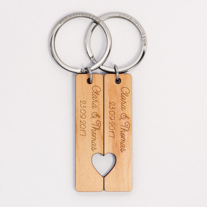 Pair of personalised engraved wooden plaque 16x66mm "for lovers" medallion keyrings - 1