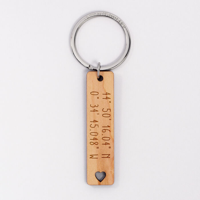 Personalised engraved wooden plaque medallion 16x66mm keyring - Geographical Coordinates - 1