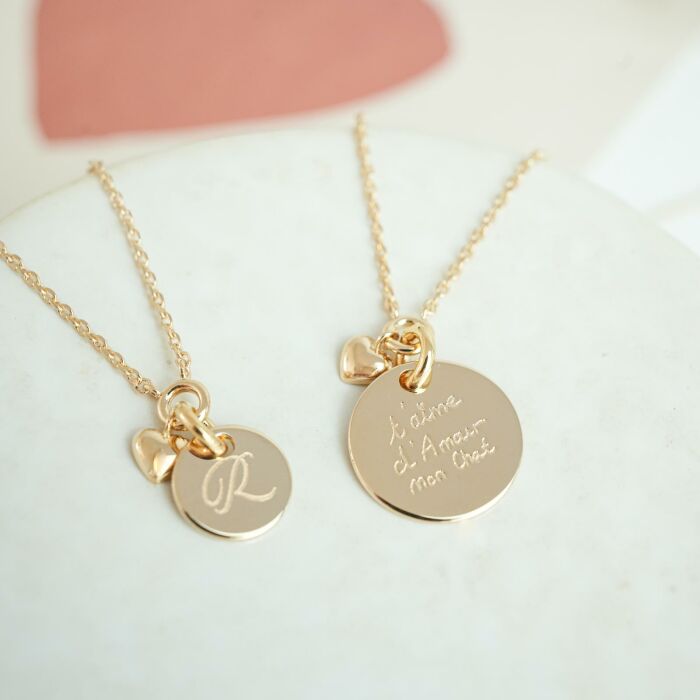 Collier mini coeur bombé personnalisé médaille plaqué or 10 mm