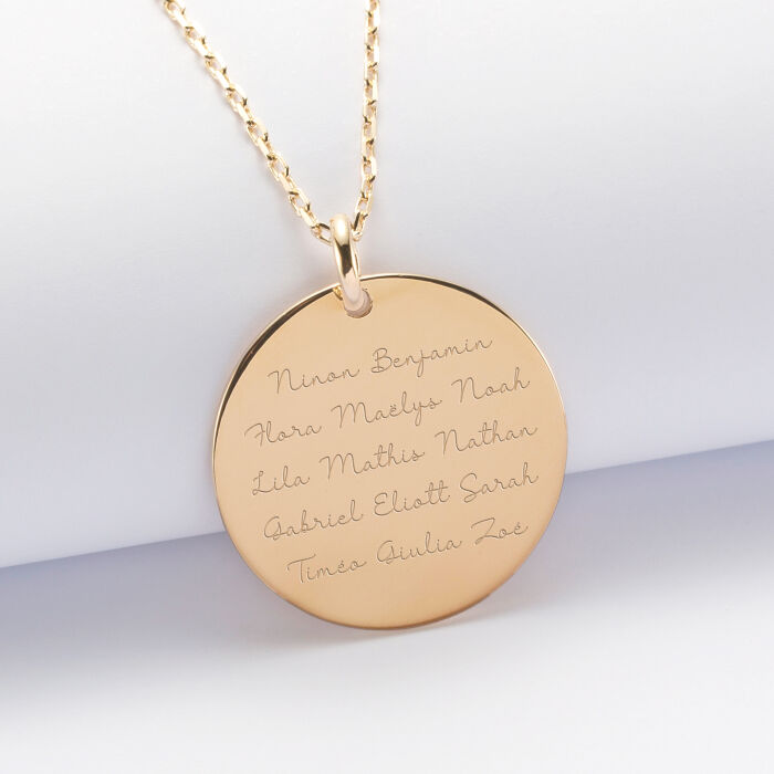 Pendentif personnalisé médaille gravée plaqué or 27 mm - Edition spéciale Mamie - prénoms 3