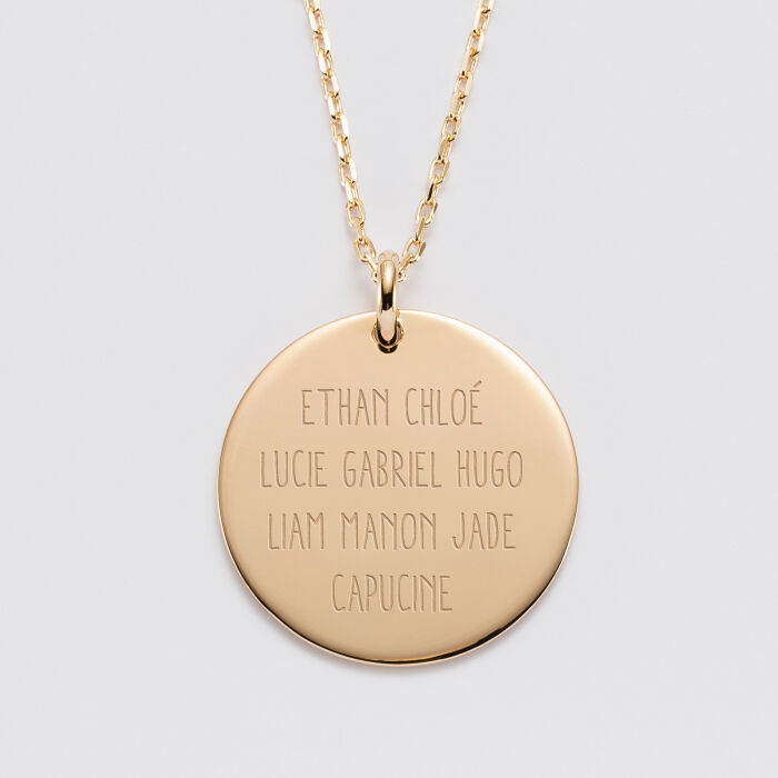 Pendentif personnalisé médaille gravée plaqué or 27 mm - Edition spéciale Mamie - prénoms 2