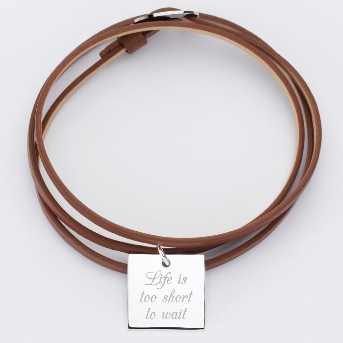 Bracelet 3 tours cuir personnalisé médaille gravée argent dormeuse carré 18x18 mm - texte