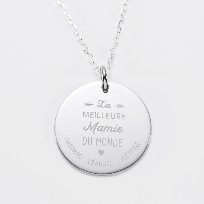 Pendentif personnalisé médaille gravée argent 27 mm "La meilleure Mamie" - prénoms 2