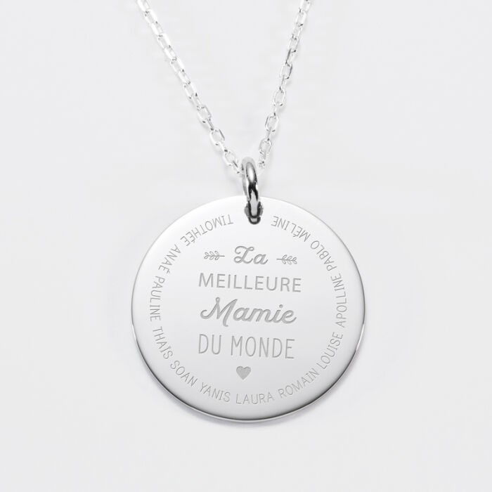 Pendentif personnalisé médaille gravée argent 27 mm "La meilleure Mamie" - prénoms 4