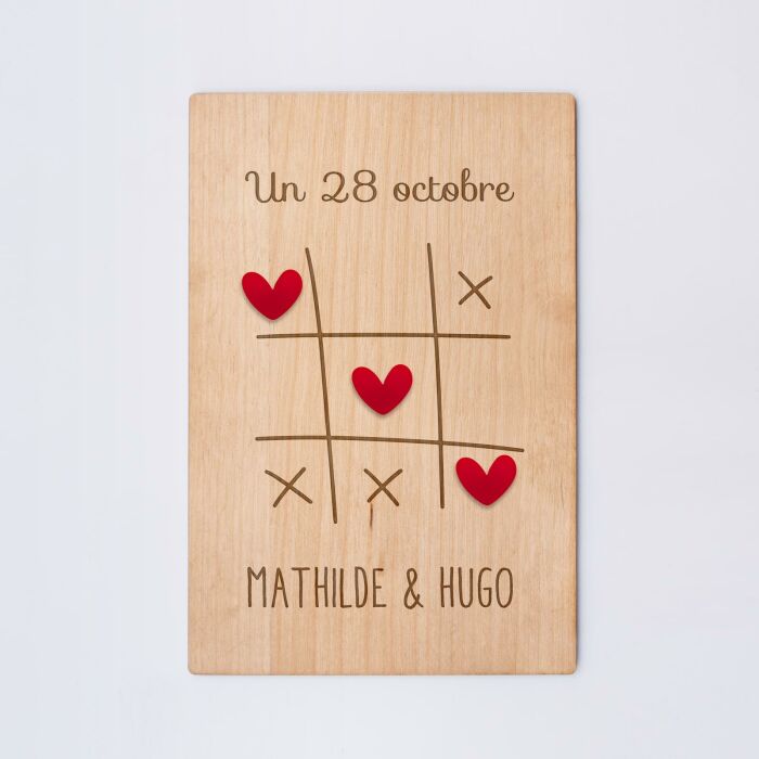 Cadre personnalisé bois gravé 15x10 cm avec support - édition spéciale "Morpion amour" - Personnalisation 4