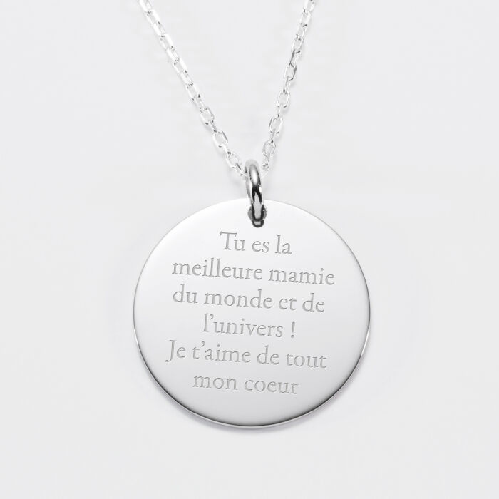 Pendentif personnalisé médaille gravée argent 27 mm - Edition spéciale Mamie - texte