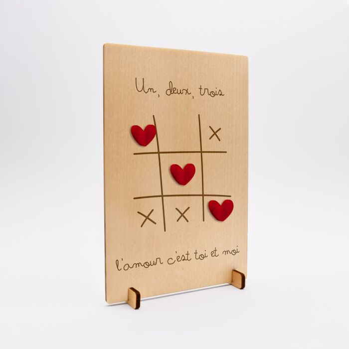 Cadre personnalisé bois gravé 15x10 cm avec support - édition spéciale "Morpion amour" - Personnalisation 3
