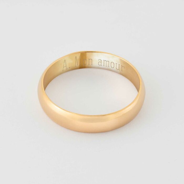 Bague homme alliance bombée personnalisée plaqué or 4 mm - texte
