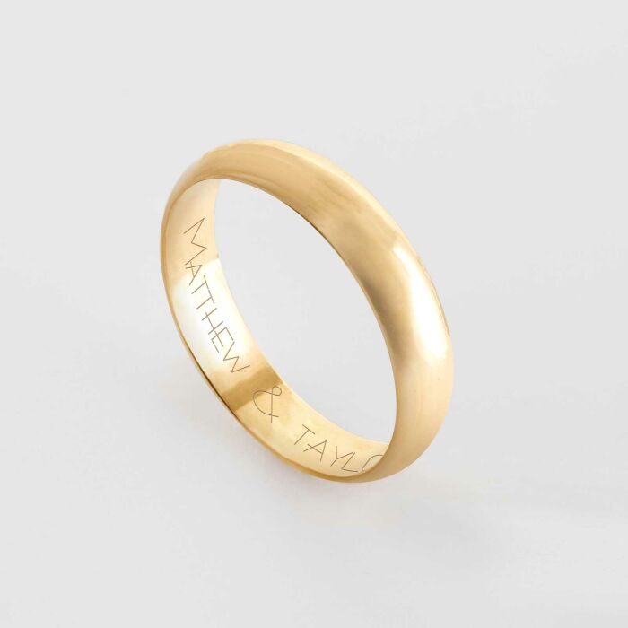 Bague homme alliance bombée personnalisée plaqué or 4 mm - prénoms