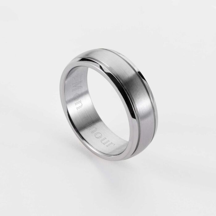 Bague homme ruban argenté personnalisée acier 7 mm - mon amour