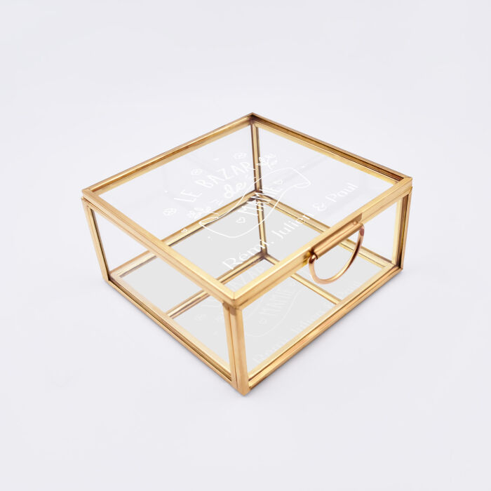 Boîte à bijoux personnalisée 10x10x5 cm verre gravé - Edition spéciale "Le bazar de Mamie" - biais