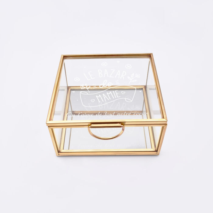 Boîte à bijoux personnalisée 10x10x5 cm verre gravé - Edition spéciale "Le bazar de Mamie" - face