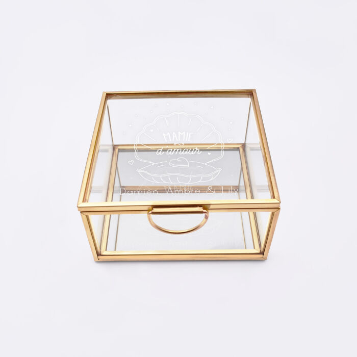 Boîte à bijoux personnalisée 10x10x5 cm verre gravé - Edition spéciale "Mamie coquillage" - face