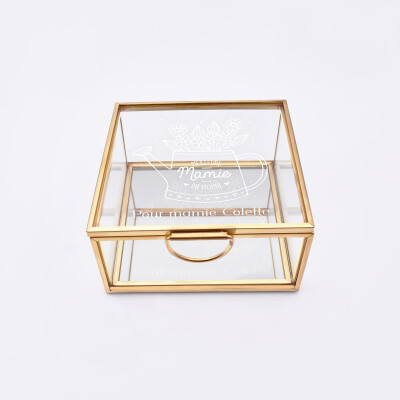 Boîte à bijoux personnalisée 10x10x5 cm verre gravé - Edition spéciale "Meilleure Mamie du monde" arrosoir fleuri - face