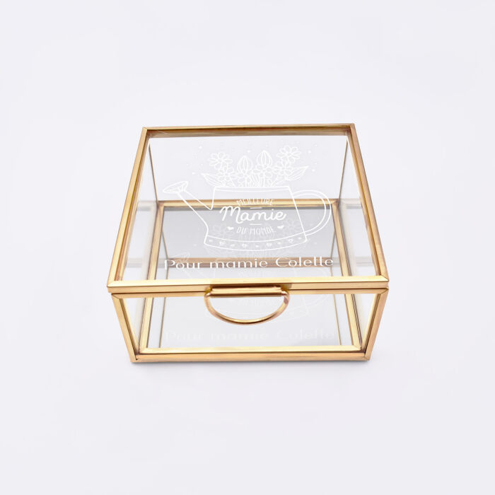 Boîte à bijoux personnalisée 10x10x5 cm verre gravé - Edition spéciale "Meilleure Mamie du monde" arrosoir fleuri - face
