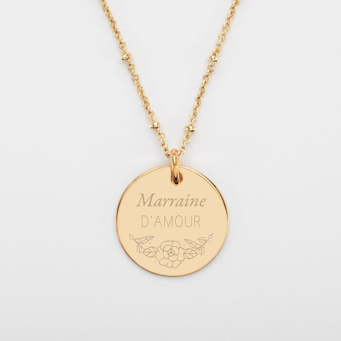 Pendentif personnalisé médaille gravée plaqué or 19 mm - Edition spéciale Mamie florale - rose