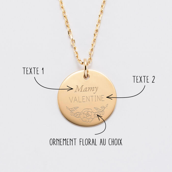 Pendentif personnalisé médaille gravée plaqué or 19 mm - Edition spéciale Mamie florale - légendes