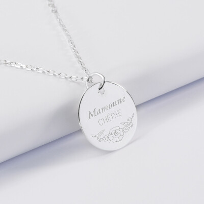 Pendentif personnalisé médaille gravée argent 19 mm - Edition spéciale Mamie florale - rose