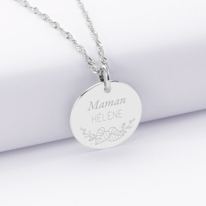 Pendentif personnalisé médaille gravée argent 19 mm - Edition spéciale Mamie florale - végétal