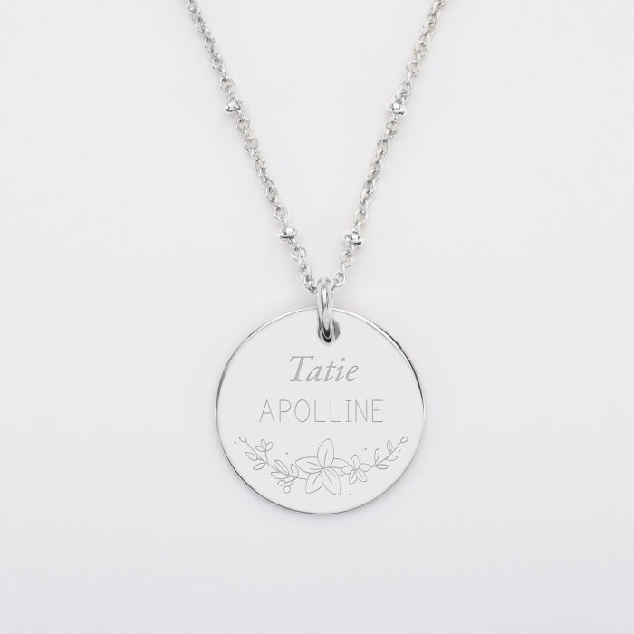 Pendentif personnalisé médaille gravée argent 19 mm - Edition spéciale Mamie florale - lys