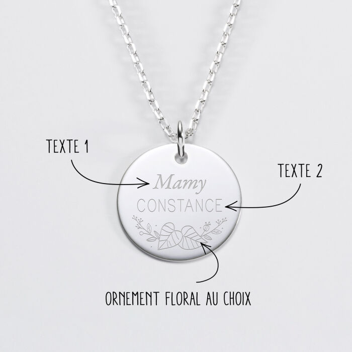 Pendentif personnalisé médaille gravée argent 19 mm - Edition spéciale Mamie florale - instructions