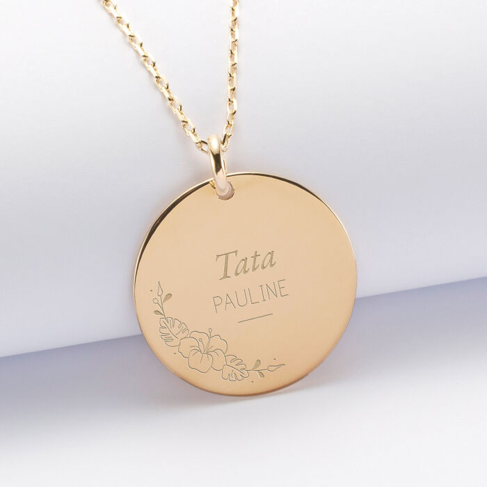 Pendentif personnalisé médaille gravée plaqué or 27 mm - Edition spéciale Mamie florale - hibiscus